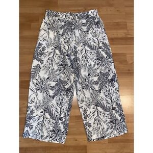 Tahari Women's 100%‎ Linen Pant Wide Leg Black White Tropical Leaves Size L